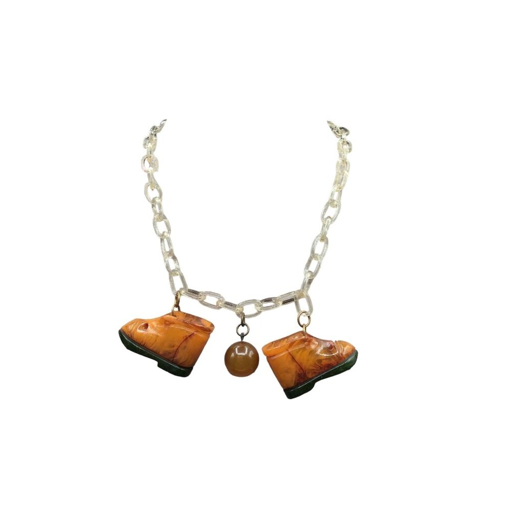 Vintage Bakelite Shoes Charms Necklace Celluloid Chain Link with Shoes and Ball